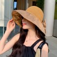 thumbnail image 3 of CSChome Sun Hat Ruffle Wide Brim Hat Knitting Empty Dome Bowknot Decor Embossing Process Women Patchwork Color Travel Bucket Hat Fashion, 3 of 7