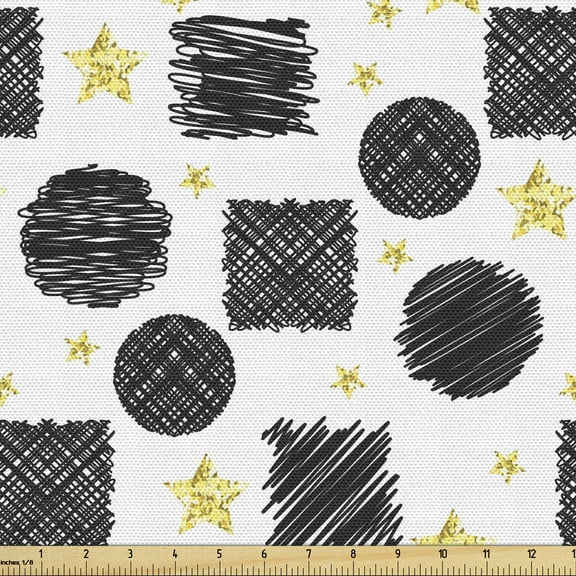 Black and Yellow Upholstery Fabric by the Yard, Scribble Art Theme with Circles Squares and Stars Geometric Doodle, Decorative Fabric for DIY and Home Accents, 3 Yards, Black Yellow White by Ambesonne