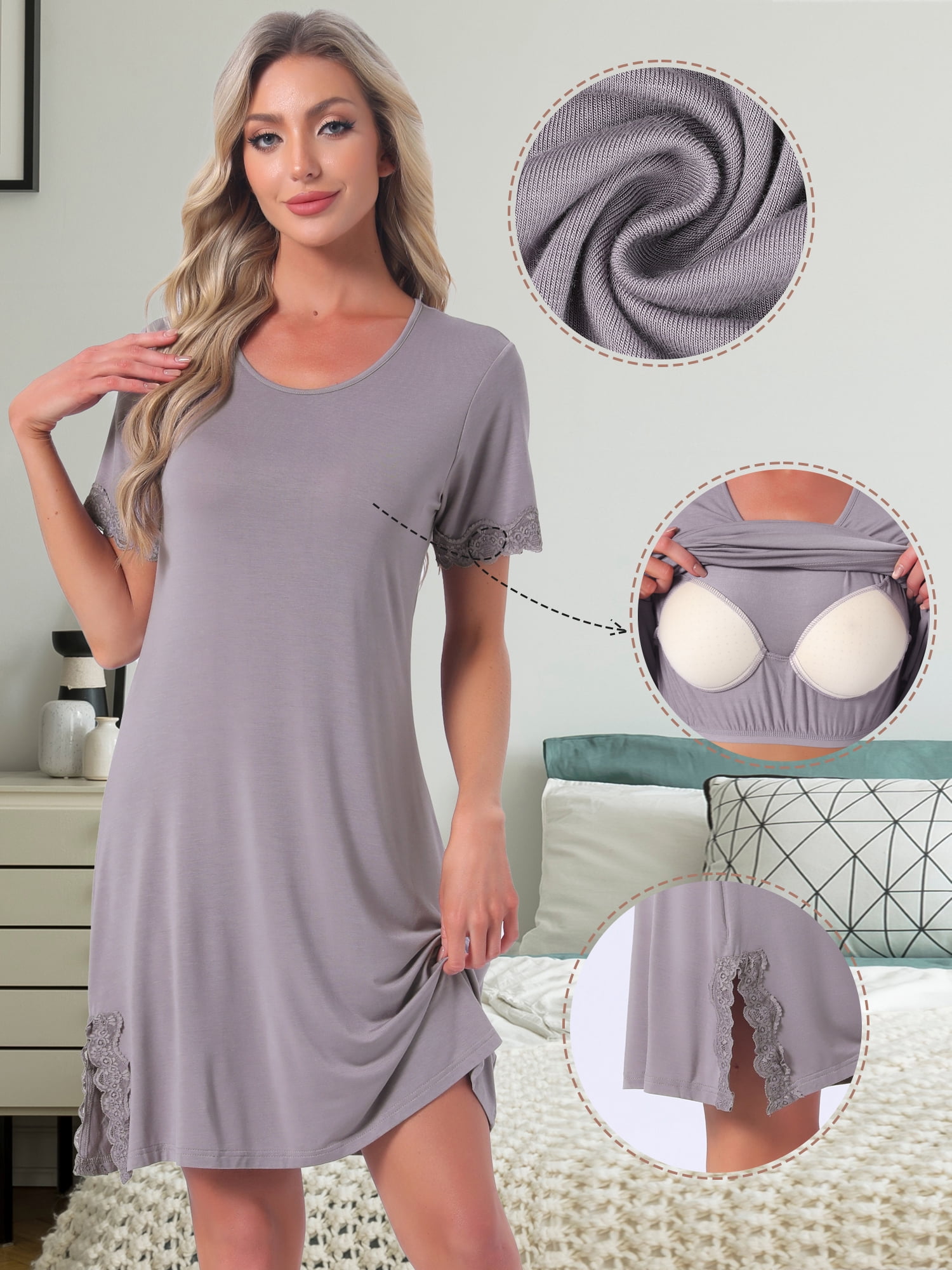 DARING DIVA Women's Nightgown Lace Trim Short Sleeve Sleepwear M Gray