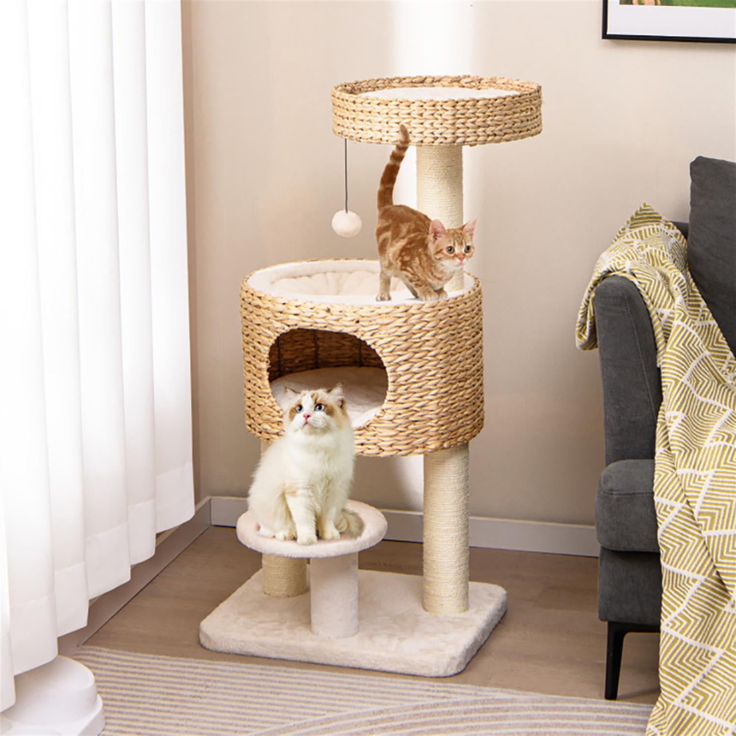Kadyn 41" Modern Cat Tree with Toy, Cat Tower Condo for Indoor Cats with Cattail Fluff Condos, Sisal Scratching Posts and Top Perch, Beige