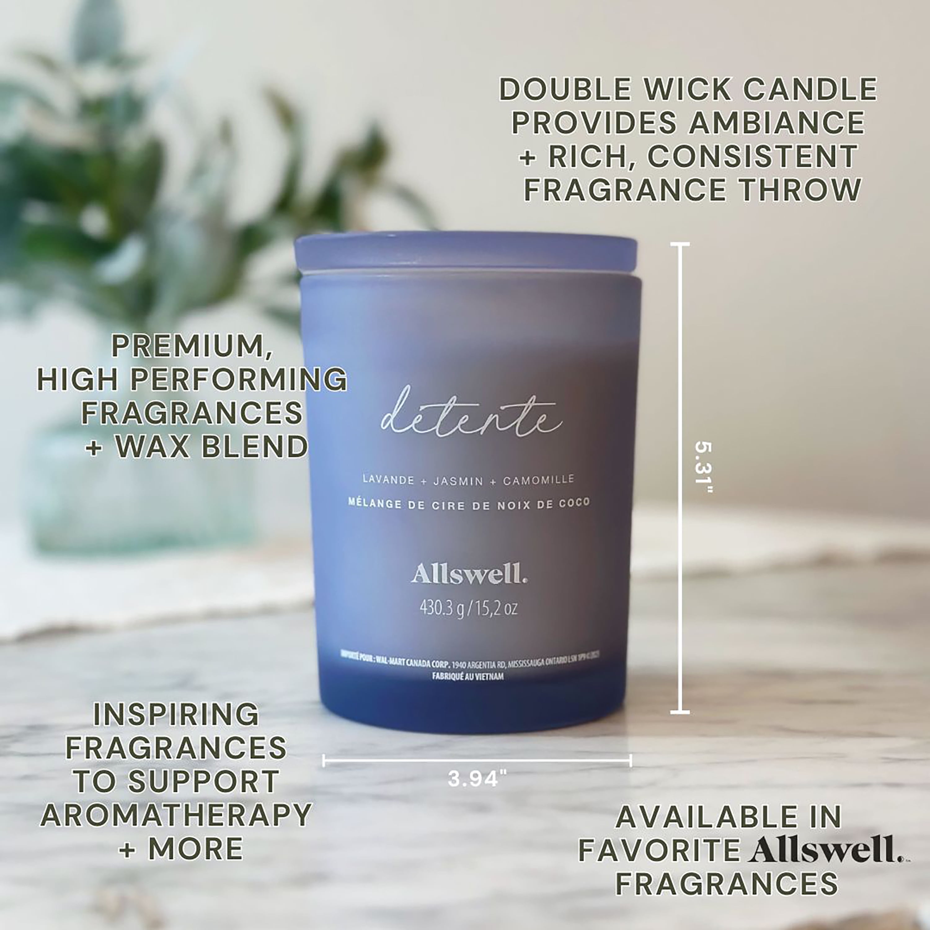 Bougie spa parfumée à la cire de noix de coco 15 oz Allswell, Détente (Lavande + Jasmin + Camomille) Mélange de cire de noix de coco