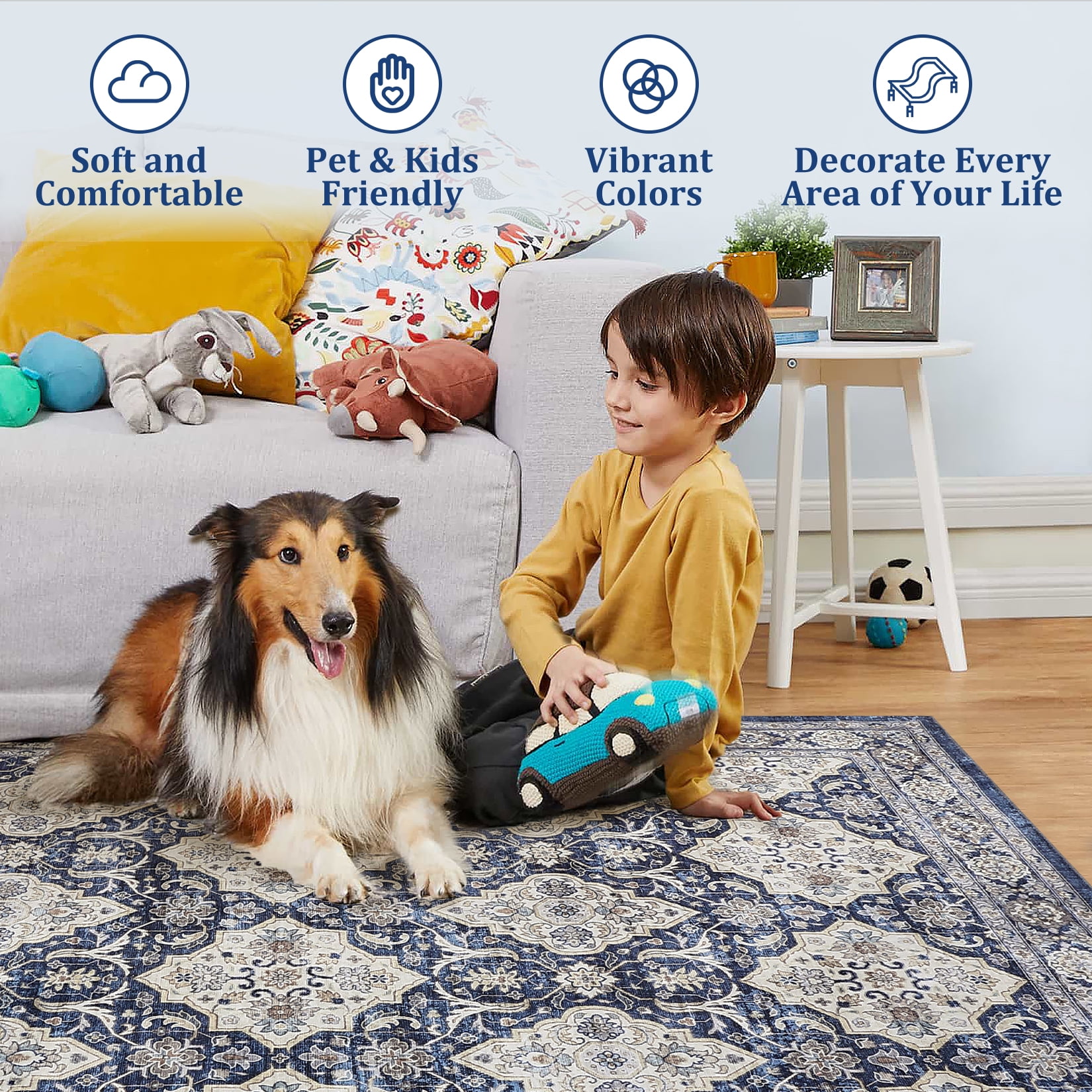 GlowSol 2' x 6' Kitchen Runner Rug Boho Vintage Floral Rugs Non Slip Bedroom Rugs for Laundry Room Hallway, Navy Blue