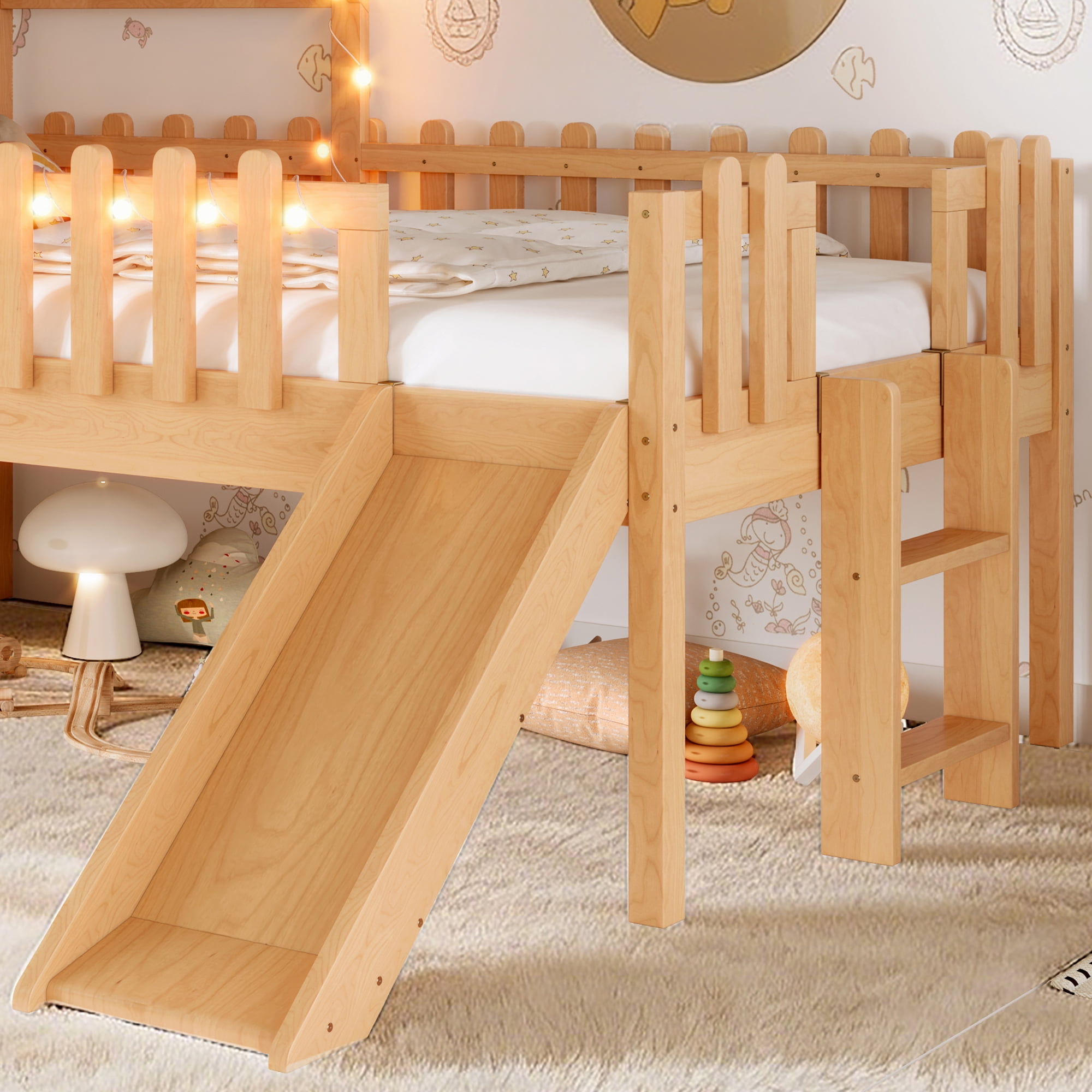 Mintazer Twin Size Kids House Loft Bed with Slide & LED Lights, Modern Playhouse Bed with Star Shaped Designs & Ladder, No Box Spring Needed, Natural
