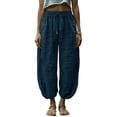 thumbnail image 3 of Nestiefly Linen Capri Pants for Women Drawstring Baggy Summer Beach Capris Pants for Women Breathable Relaxed-Fit Trousers with Pockets Navy S, 3 of 7