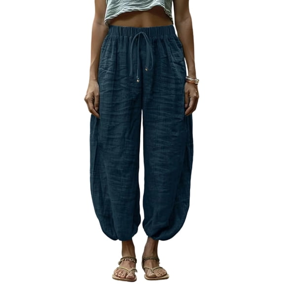 Nestiefly Harem Pants for Women Cotton Linen Yoga Boho Palazzo Pants with Pockets High Waisted Elastic Loose Lightweight Trousers Navy L