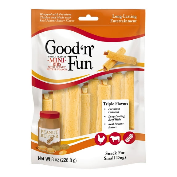 Good ‘n’ Fun Triple Flavor Mini Ribs with Peanut Butter, Rawhide Chews for Small Dogs, 14 Count