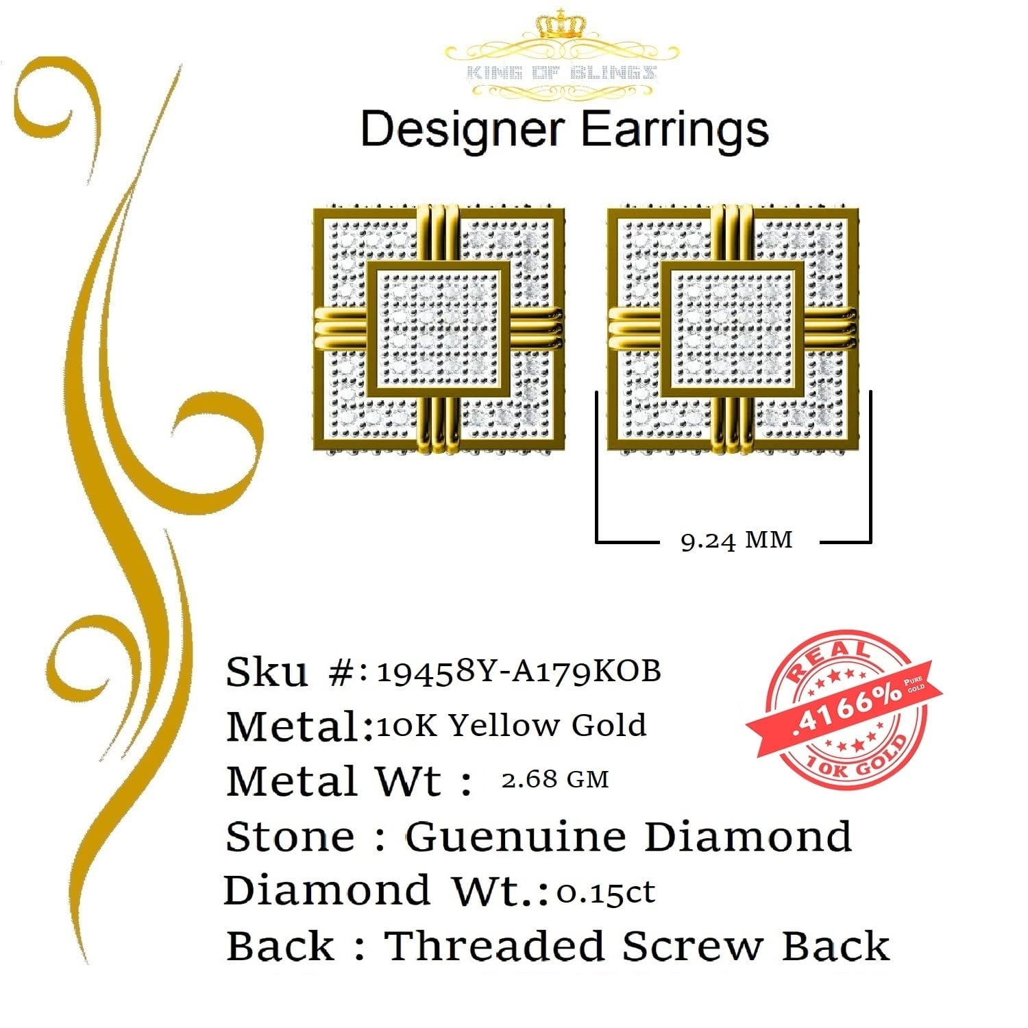 King of Bling's 10K Real Yellow Gold with 0.15CT Real Diamond Men's/Women's stud Square Earrings
