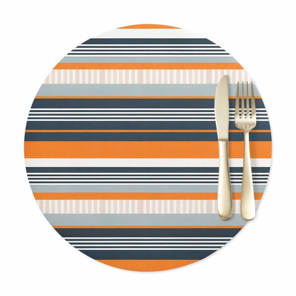 Round Placemats Set of 1, Orange Blue Stripes Lines Faux Leather Placemat Waterproof Oil-Proof Wipeable Table Mats 12in, Washable Place Mats for Kitchen Dining Table Party Outdoor
