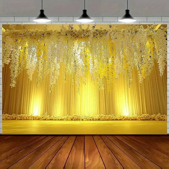 White Flower Wedding Backdrop Golden Yellow Stage Bridal Shower Photography Background Romantic Yellow Curtain Floral Bride to Be Engagement Party Decorations Banner Supplies Photo Booth Props