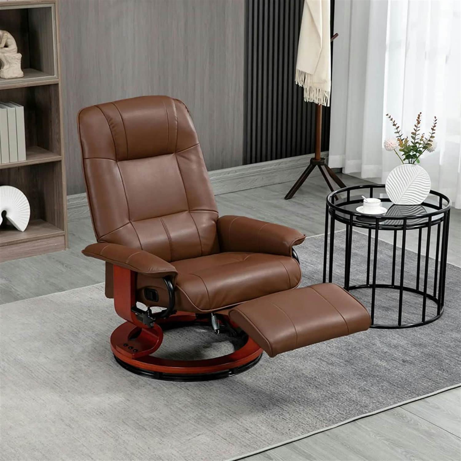 Demi Bonn 39" Faux Leather Swivel Recliner with Footrest, Armrest and Wooden Base for Living Room, Comfort High-Backed Sofa Chair, Brown