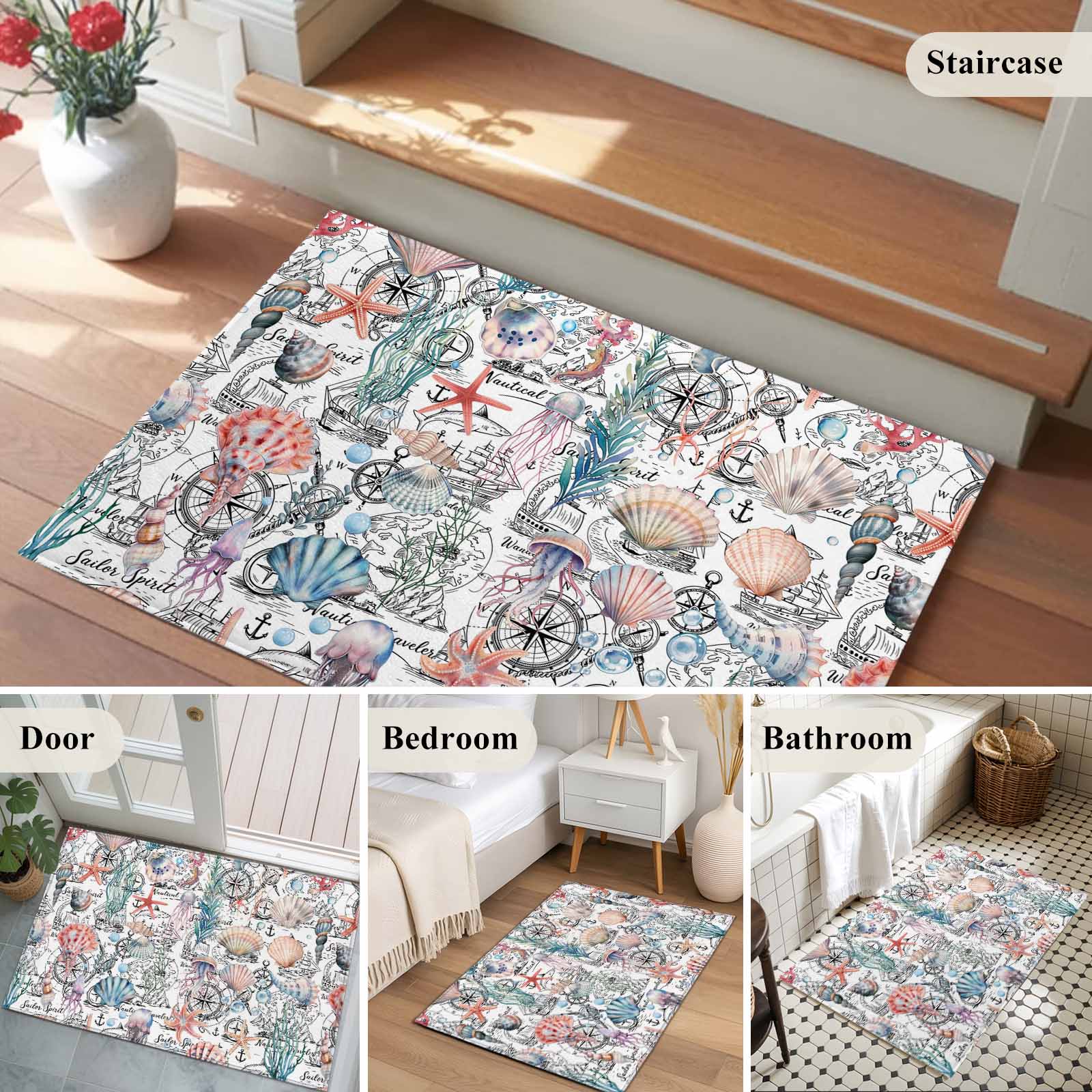 Shell Starfish Coastal Entryway Rug 2'x3'&nbsp; Non Slip Front Door Mats, Nautical Ocean Summer Beach Entrance Rugs Indoor Outdoor Carpet, Washable Floor Mats Small Area Rug for Bedroom Kitchen