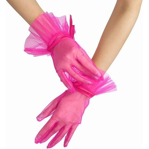 Zhengup Short Tulle Gloves for Women Vintage Bow Ruffle Mesh Sheer Gloves Tea Party Wedding Gloves