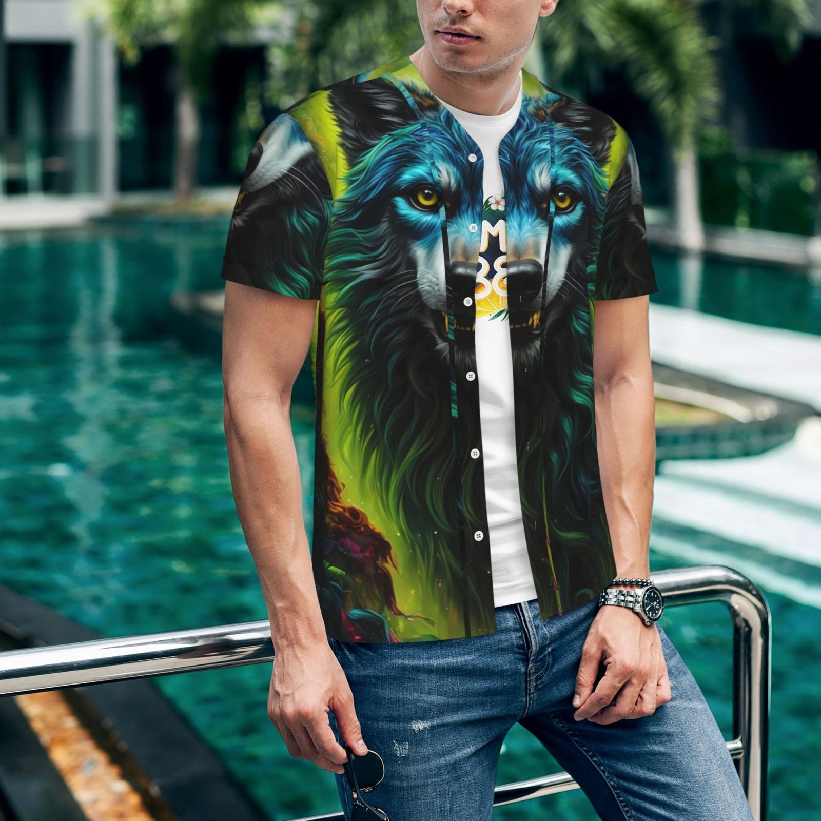 Hirioo Fluorescent Wolf for Men's Baseball T-shirt Shirts Short