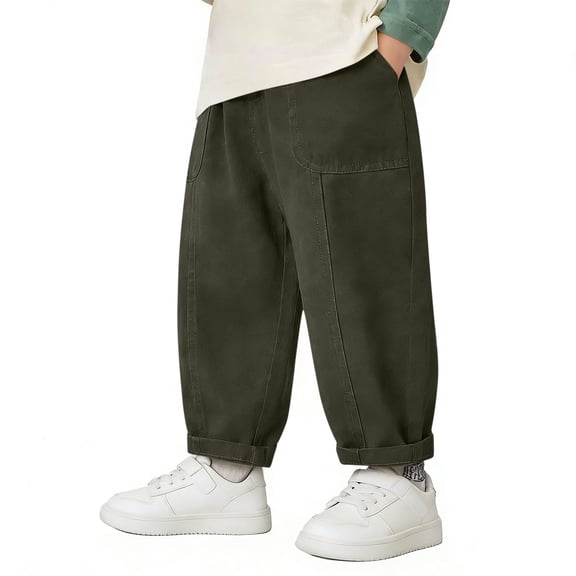 Qunyiney Boys Cargo Pants Cotton with Pockets Pants Solid Performance Relaxed Fit Elastic Waist Pants Size 2-3