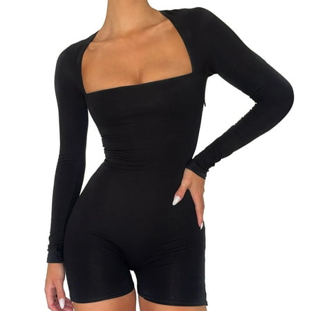 

Women s Long Sleeve Jumpsuit Long Sleeve Bodysuit V Neck Bodycon Shorts Stretchy Onesie Romper 90s EGirl