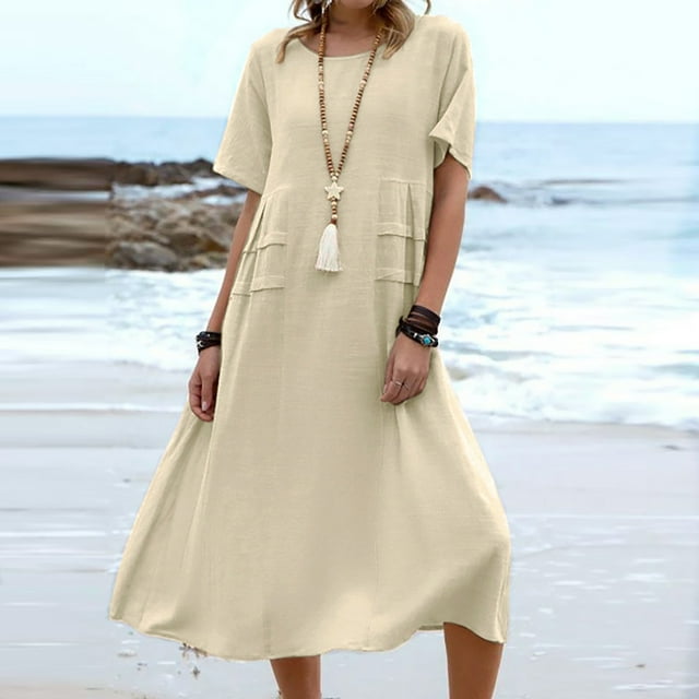 Meichang Robes Midi pour Femmes Coupe Ample Manches Courtes Coton Lin Robes Unies Décontractées Col Rond Robes Tuniques en Ligne