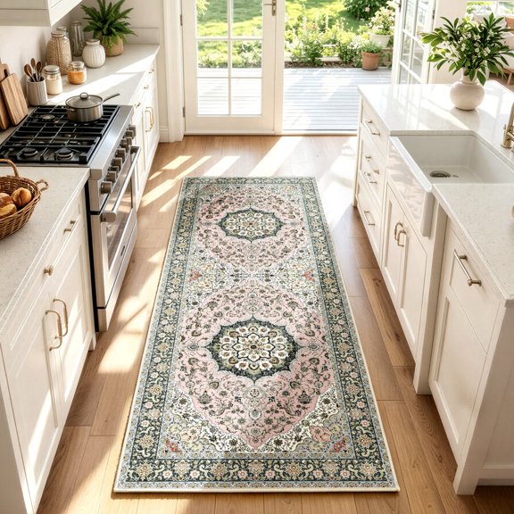 WANLISELL 2'x6' Hallway Runner Rug, Non-Slip Washable Rugs, Pink Distressed Printed Retro Carpet Runners for Entryway Bedroom Laundry Bedside Kitchen