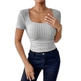 thumbnail image 2 of Aojekbee Women's Summer Knit Cropped Tops Solid Color Ribbed U-Neck Short Sleeve Show Navel Knitwear, 2 of 10