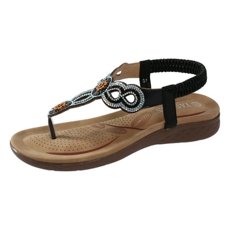 

SEMIMAY Sandals For Women Comfort With Elastic Ankle Strap Casual Bohemian Beach Shoes Fashion Rhinestone Decor Scallop Trim Thong Sandals Black