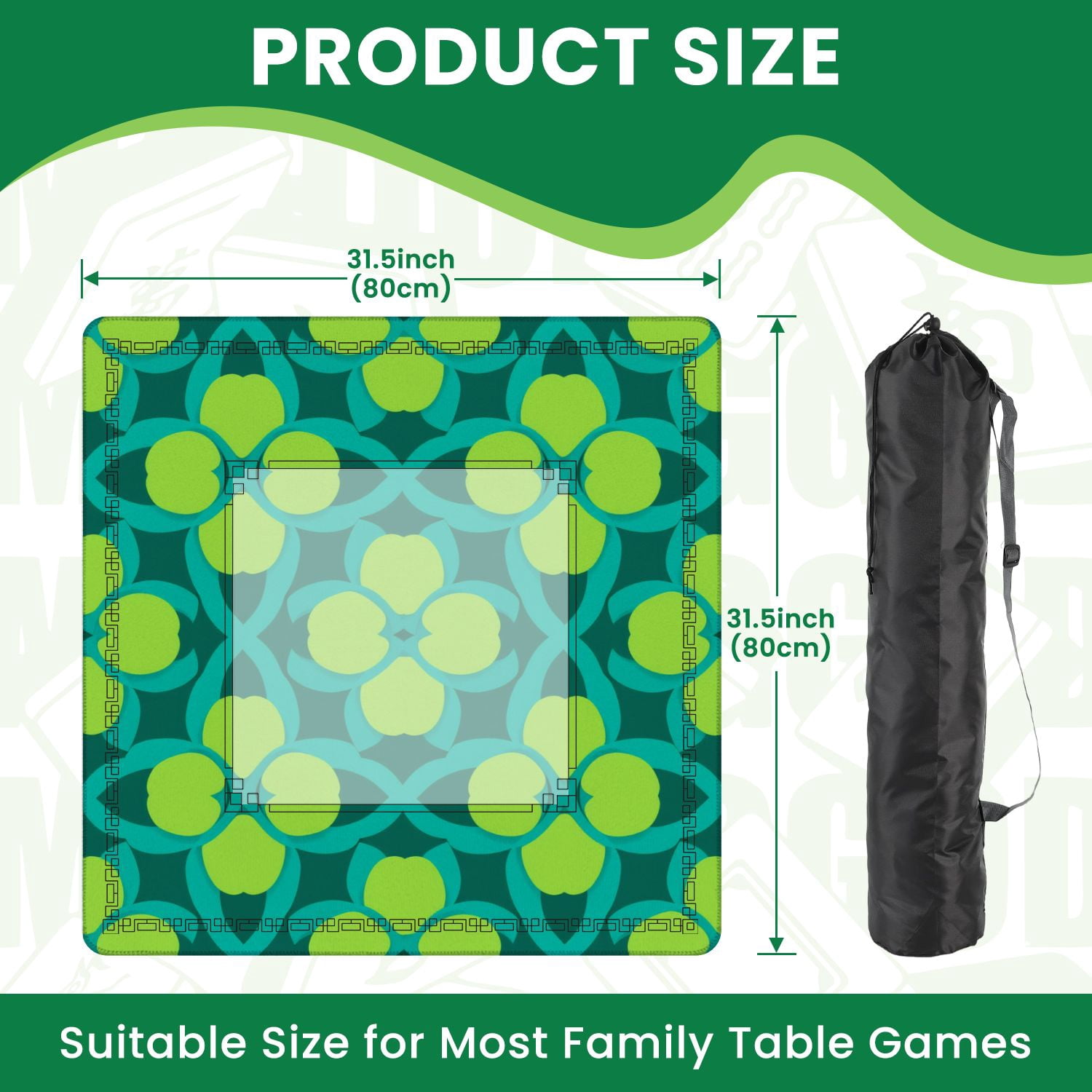 Mahjong Mat 31.5" x 31.5" Geometric Floral Seamless Teal Loops Lime Green Petal Shapes Non-Slip Noise Reduction American Mahjong Tiles Table Cover for Dominoes Poker Card Board Games Gift