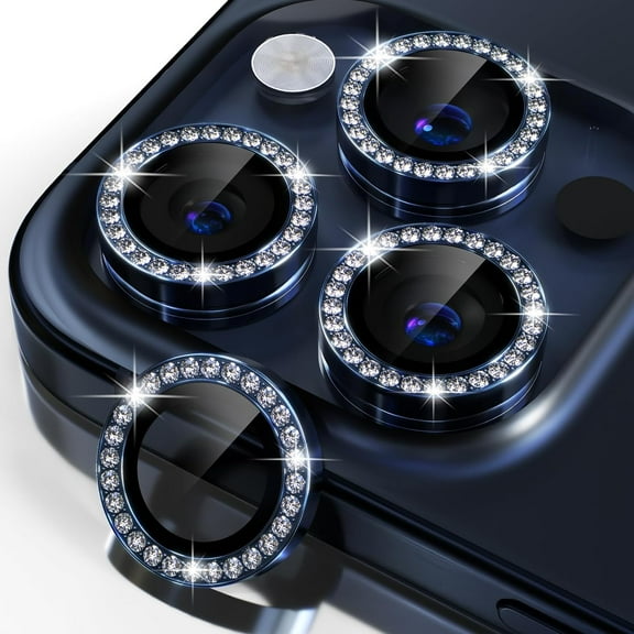 Compatible for iPhone 15 Pro/iPhone 15 Pro Max Camera Lens Protector Bling, 9H Tempered Glass Camera Cover Screen Protector Metal Individual Ring Protector Decoration Accessories, Blue Diamond