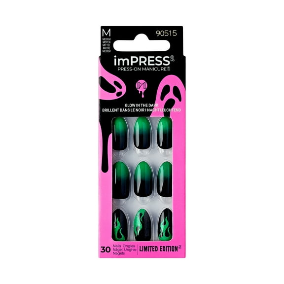 KISS imPRESS Press-On Manicure Halloween, Black, Medium Length, Almond Shape, 'Scared Silly', 33 Ct.