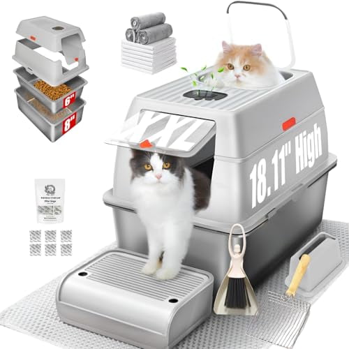 XXL Stainless Steel Sifting Litter Box with Lid, Fully Enclosed 8" Deep Metal Cat Litter Box, Leak-Proof, for Pine Pellets or Non-clumping Litter, for Large & Multi-Cats, with Litter Mat & Scooper