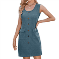 thumbnail image 1 of Vestido Corto de Fiesta Ajustado con Bolsillos, Sin Mangas, Cuello Redondo, Botones, de Punto, Color Liso, para Mujer (Verano 2025) Azul Profundo M, 1 of 9