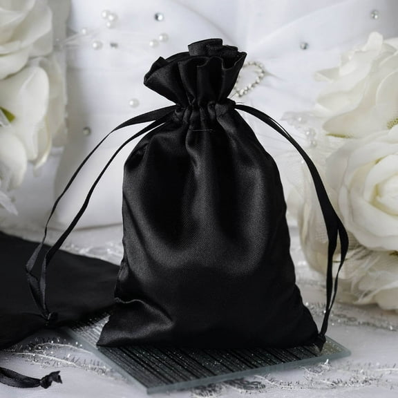 Efavormart 12PCS BLACK Satin Gift Bag Drawstring Pouch Wedding Favors Bridal Shower Candy Jewelry Bags - 4"x 6"