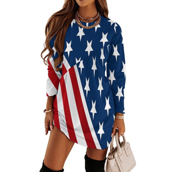 American Flag Blue Red White Loose Dress Evening Dress Summer Dresses for Women Luxury Dress Long Sleeved Dress