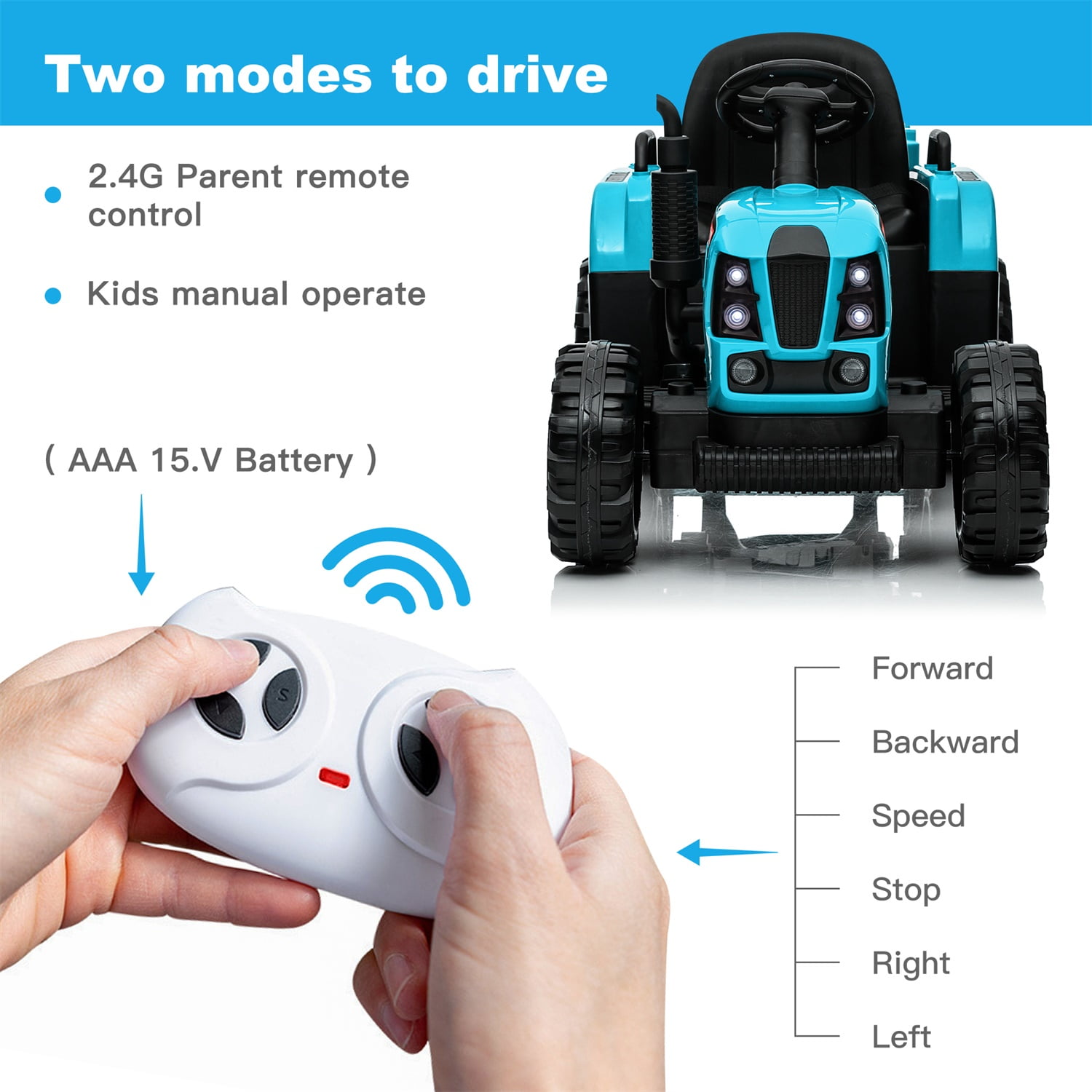 CIPACHO 12V Ride On Tractor with Trailer, 2.4RC, Electric Kids Car Three Speed Adjustable, USB, MP3, Power Display, Blue CIPACHO 12V Ride On Tractor with Trailer, 2.4RC, Electric Kids Car Three Speed Adjustable, USB, MP3, Power Display, Blue