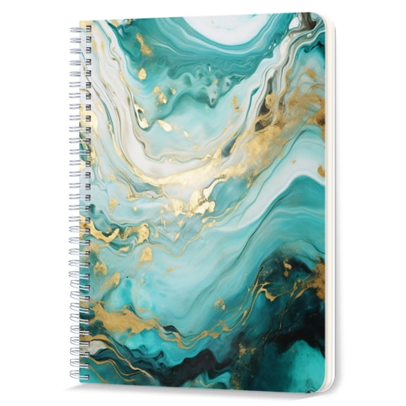 Spiral Notebook,Double-Wire Spiral College Lined Journal Notebook for Study and Notes,100 Pages,5.71x 8.26 in - Fluid Art with Teal and Gold Blending