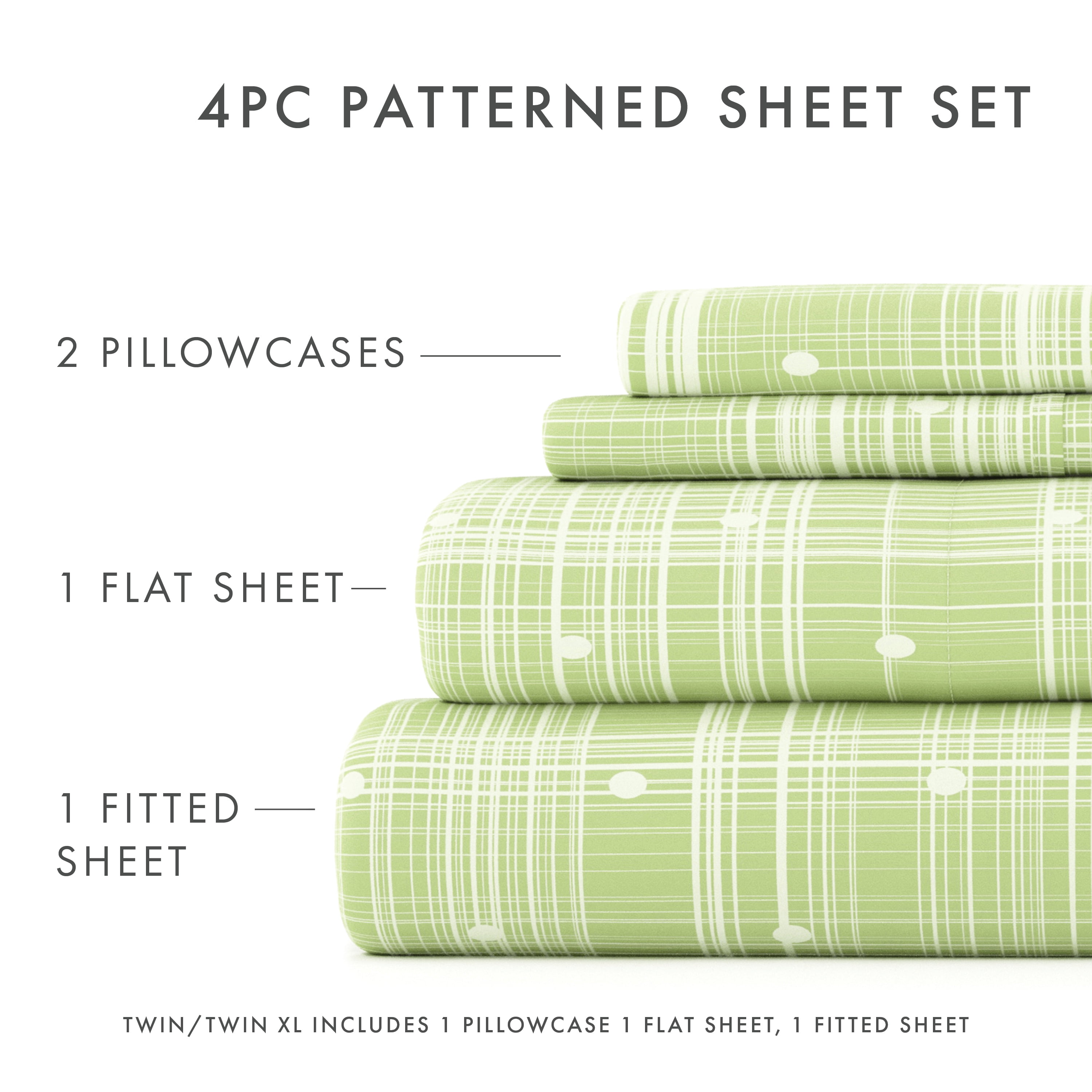 Noble Linens 4 Piece Pattern Microfiber Bed Sheets Set, Moss Polka Dot, King