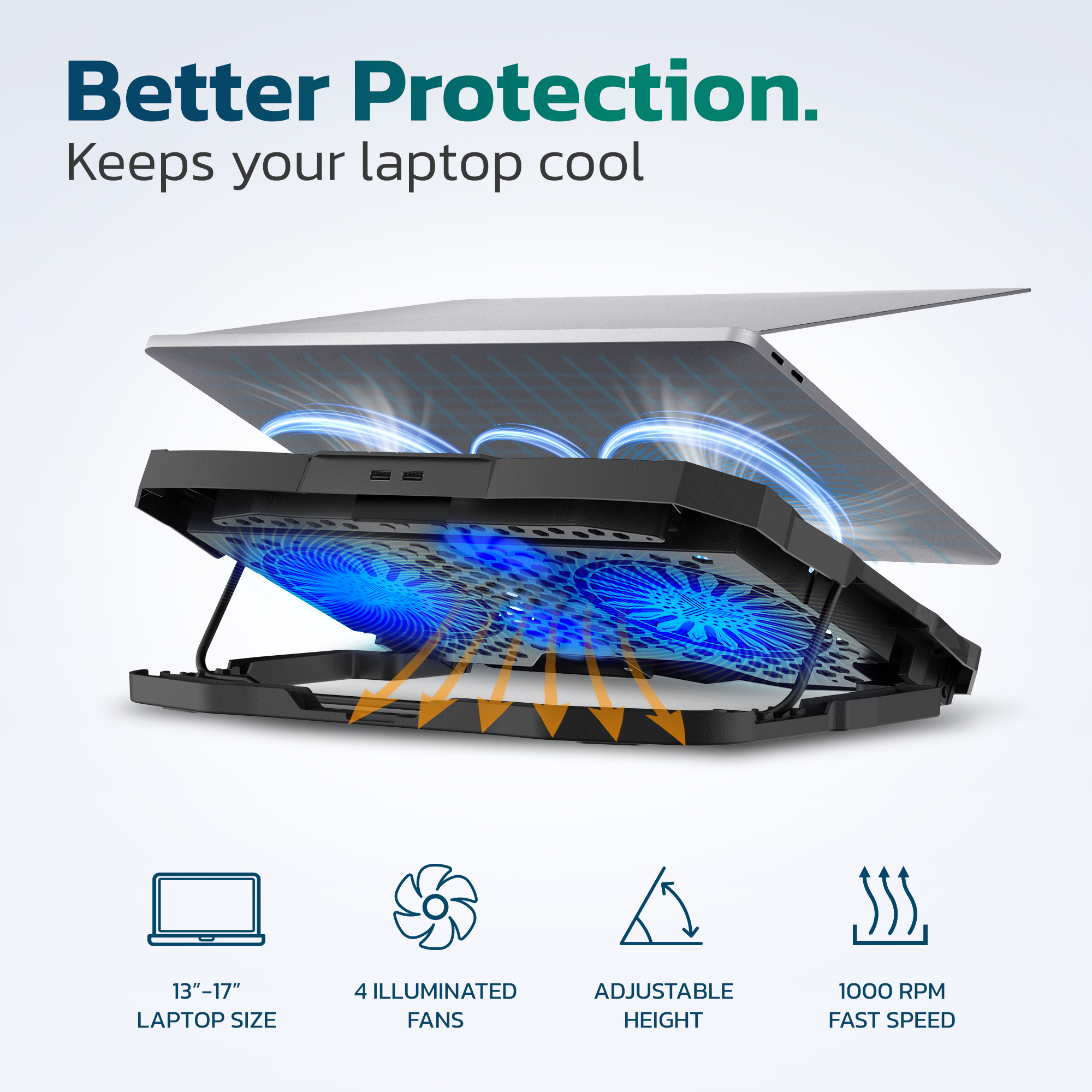 Purely C14 Laptop Cooling Pad, 6 Adjustable Height Laptop Stand, 4 Fans, 3 Fan Modes + 6 Speeds, LED Display, 2 USB Ports, Compatible for Win or Mac Laptops, iPads and Tablets, iPhone and Smartphones