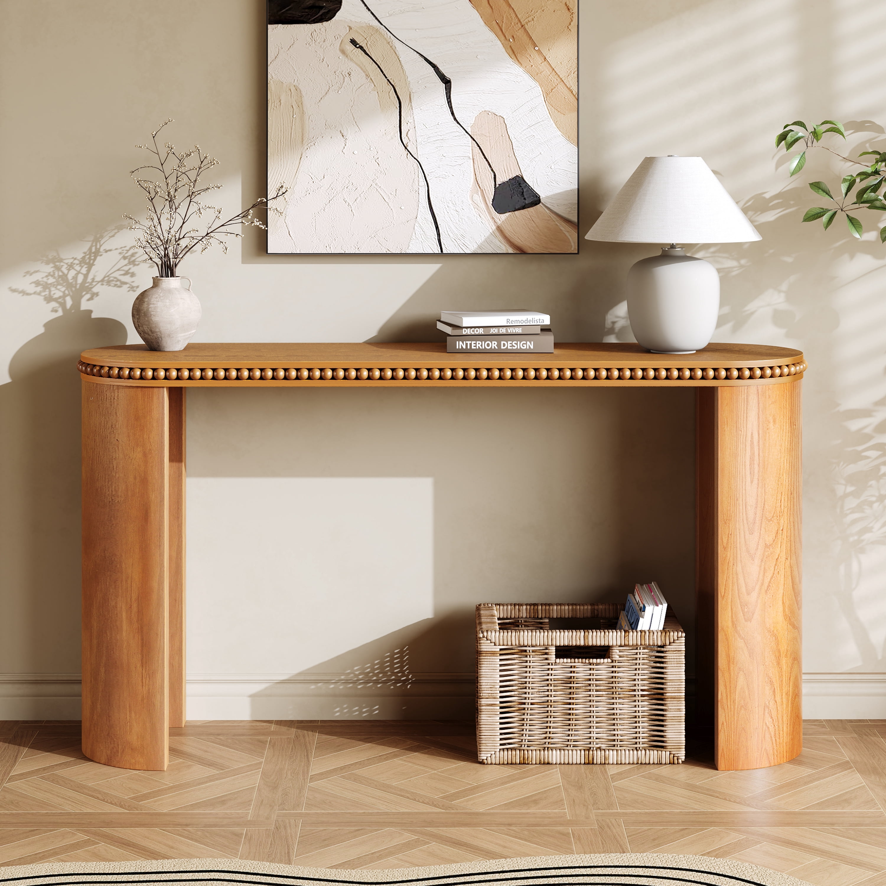 EUROCO Vintage Console Table with Beaded Trim and Reversible Curved Legs,59.8" Wood Long Sofa Table Behind Couch Accent Tables for Entrance Foyer Hallway,Brown