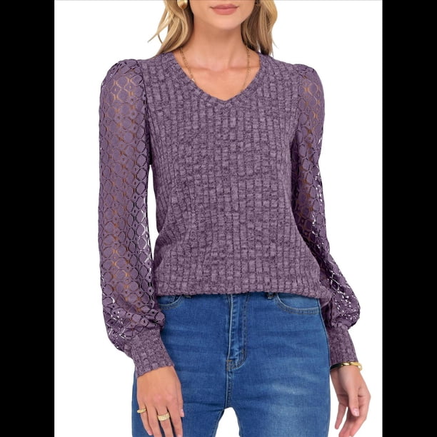 Blusas de Encaje de Larga para Mujer, Suéteres de Cuello en V A para Otoño 2025, Atuendos Elegantes e Informales de Invierno Púrpura L