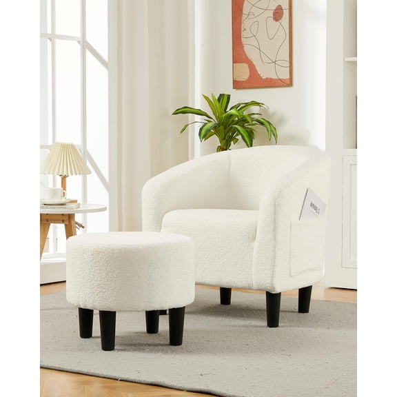 Accent Chair with Ottoman, Boucle Barrel Armchair Set, Modern Club Chair with Footstool, High-Density Foam Lounge Seating for Bedroom, Living Room, Reading Room and Small Spaces