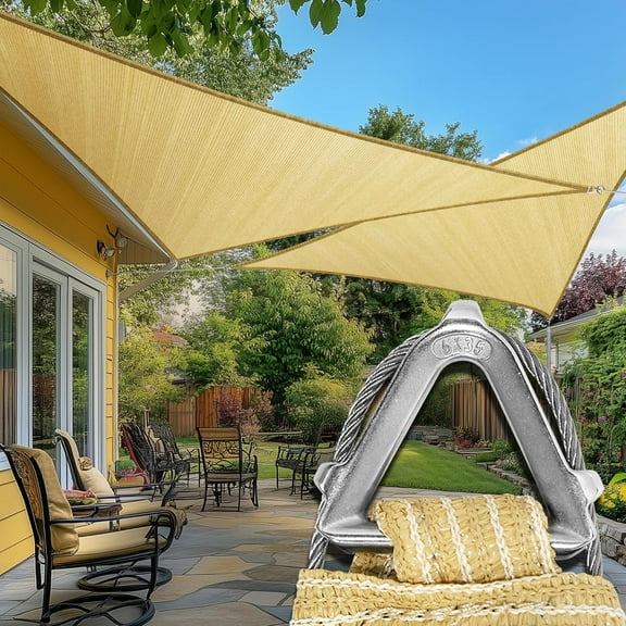 AMGO Pro Ring 12' x 12' x 12' Beige Triangle Sun Shade Sail, Commercial Grade UPF50 Canopy, Reinforced Corners & Edges, 260 GSM Fabric Heavy Duty -3 Years Warranty (We Make Custom Size)