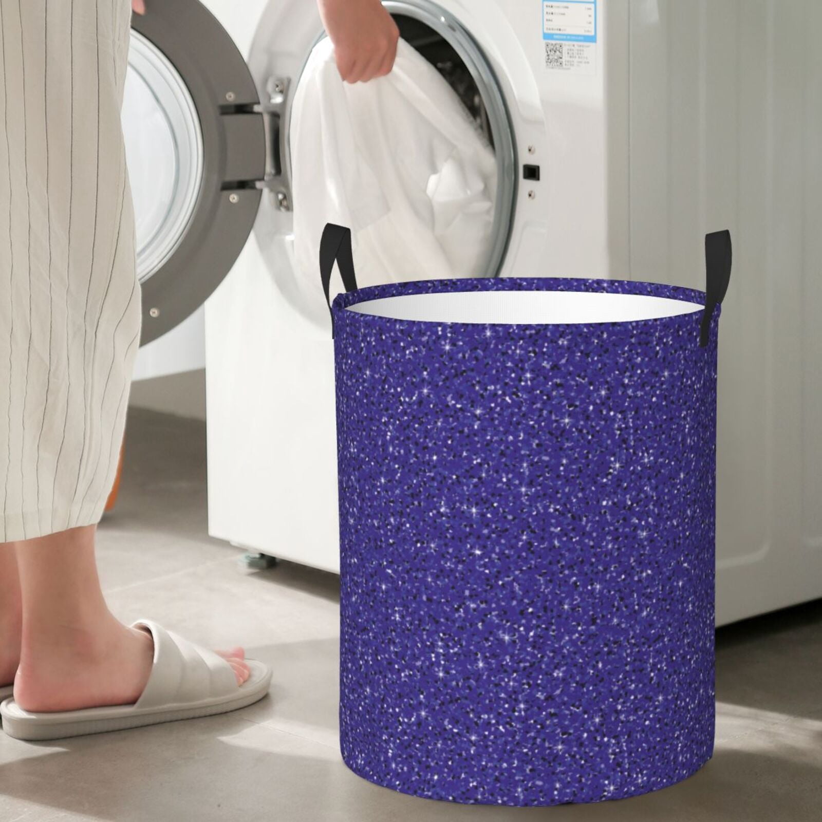 Large Laundry Basket with Handles - Deep Purple Glitter Pattern Kids Baby Dirty Clothes Laundry Hamper for Bedroom Aesthetic