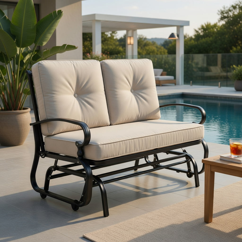 Hommoo 2-Person Outdoor Swing Glider Bench with Plush Olefin Cushions, Rust-Resistant Steel Frame Patio Loveseat for Backyard, Porch & Garden, Beige