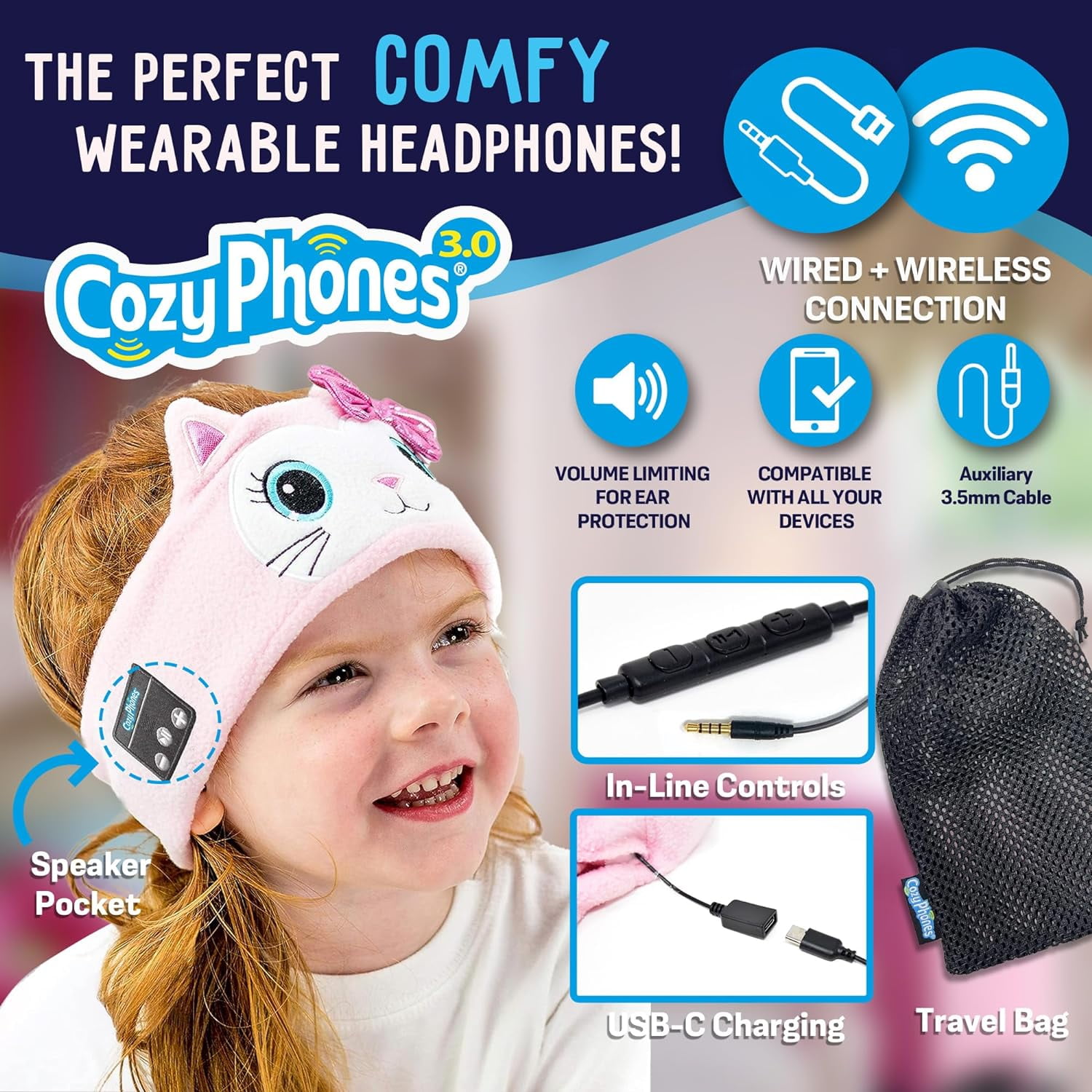 CozyPhones 3.0 Toddler Headphones Wireless & Wired with Volume Limiting, Perfect Toddler Earphones - Includes Wired Option & Travel Bag. Great for Girl or Boy, School, Home and Travel - Pink Kitty