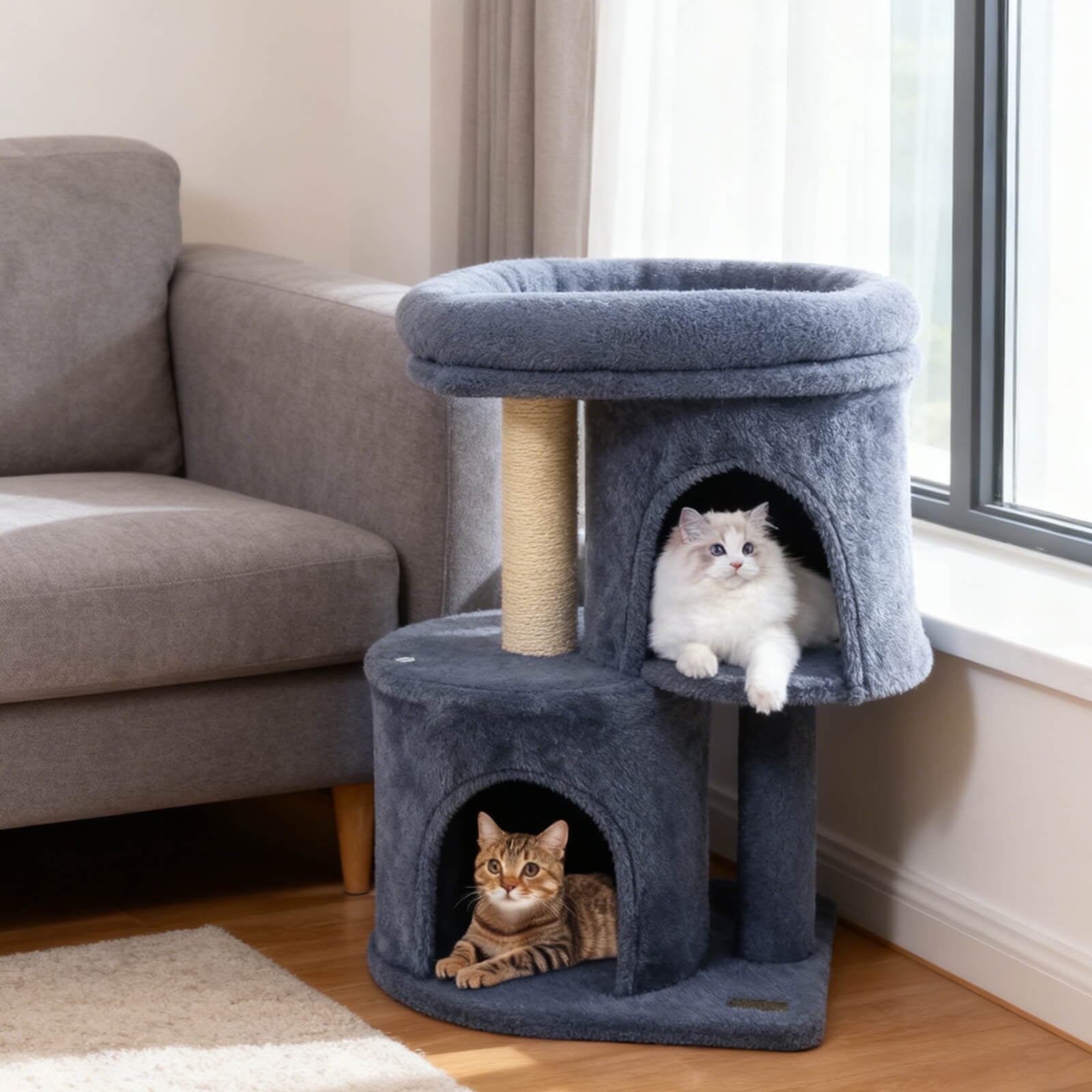 Costway 26” Small Cat Tree with Large Padded Plush Perch, 2 Condos, Sisal Scratching Posts Dark Gray