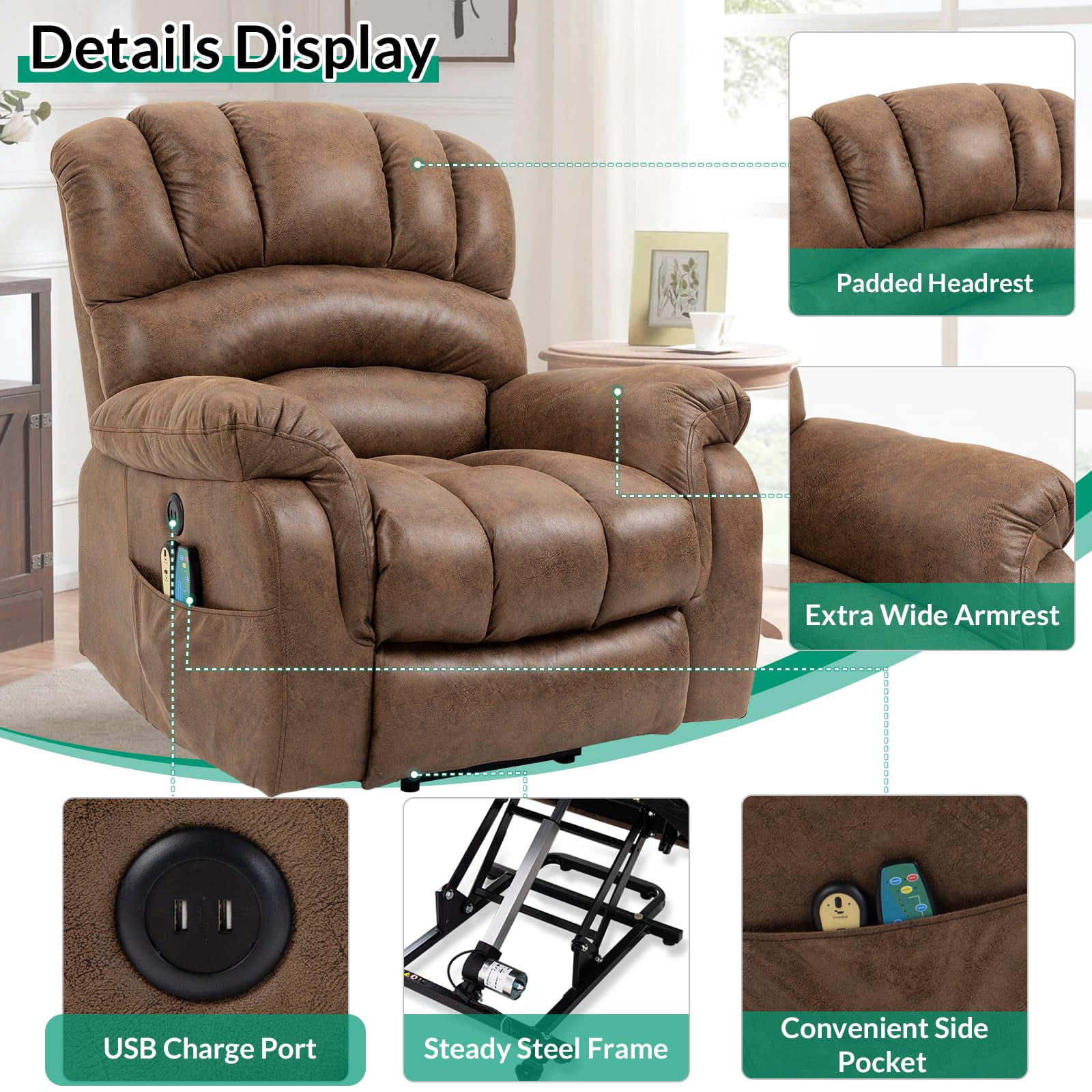 VIVIJASON Tall Man Large Power Lift Recliner Chair with Extended Footrest for Elderly, Overstuffed Wide Electric Lift Chair with Heat & Massage, 2 Remote Controls, Side Pockets & USB Ports, Brown