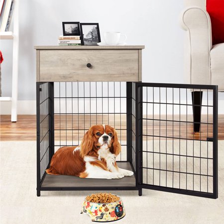HOSSLLY Large Wood Indoor Dog Crate End Table with Drawer  Grey