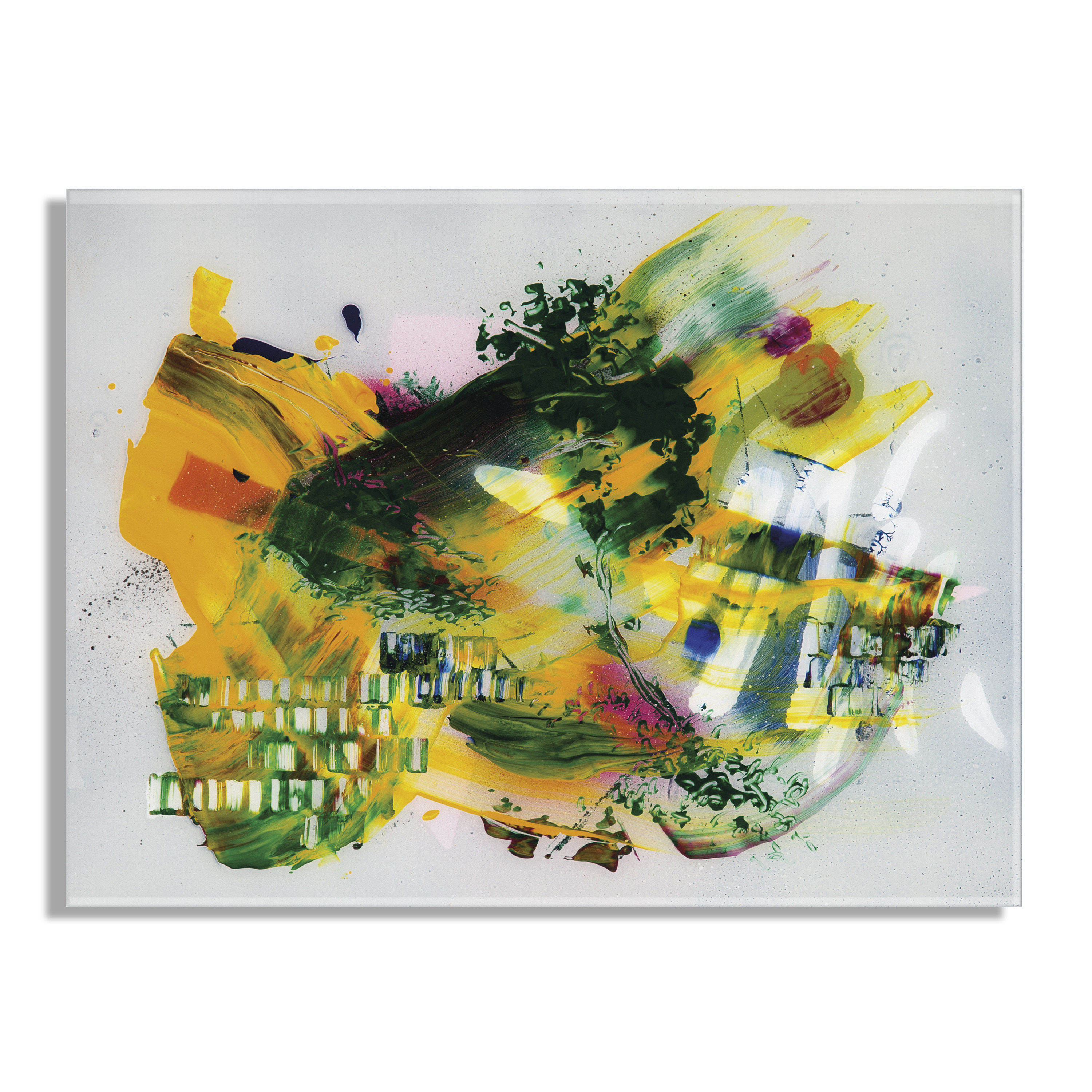 Kate and Laurel Garden of a Split Second Painting Floating Acrylic Art by Grant Mahr, 23x31, Decorative Abstract Art with Natural Color Palette