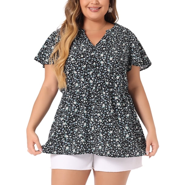 Blusa de verano de chiffon con cuello en V y cintura fruncida para mujeres de tallas grandes Agnes Orinda, de manga corta, estampado de flores pequeñas, 1X en negro y blanco