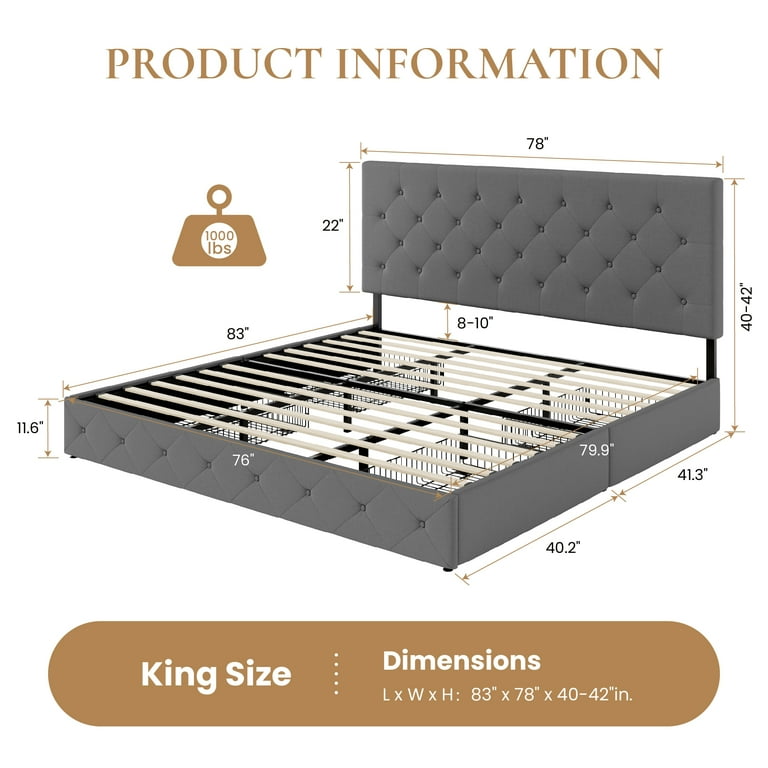 saranページ Sha Cerlin Upholstered King Bed Frame, Light Gray, with 4