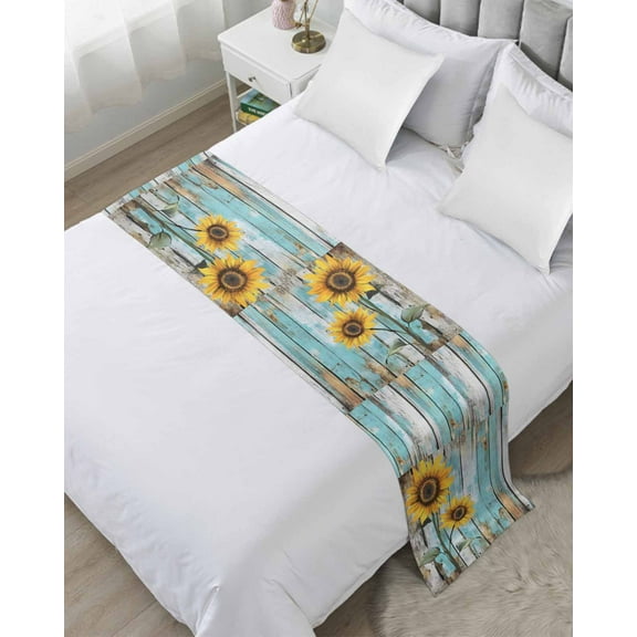 Xipuska Summer Sunflower Bed Runners for Cal King Size Bed, Decorative Bed Throws for Foot of Bed, Blue Wood Grain Farmhouse Country Bed Runner Sofa Throw Bedding Scarf Slipcover for Bedroom