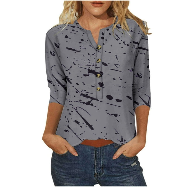 T-Shirts pour Femmes, T-Shirt Imprimé à Boutons Manches 3/4 pour Femmes, Haut Ample
