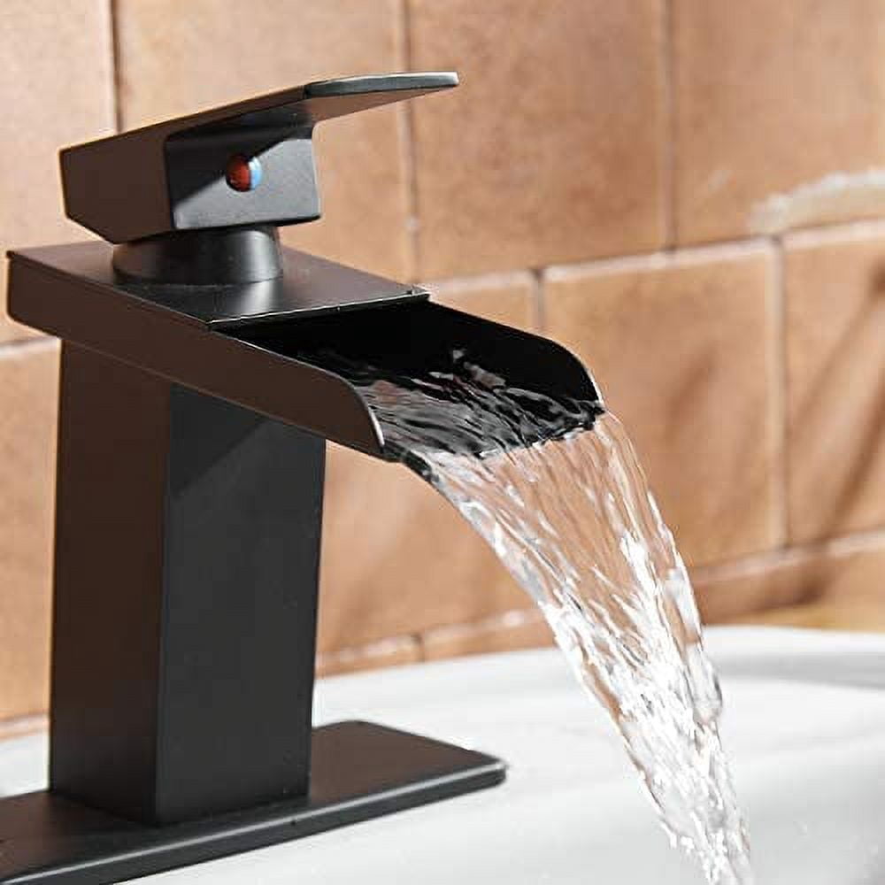 BWE Bathroom Sink Faucet Oil Rubbed Bronze Waterfall with Pop Up Drain Assembly and Supply Line Single Handle Single Hole Bathroom Faucets Deck Mount Lavatory Mixer Tap Lead-Free